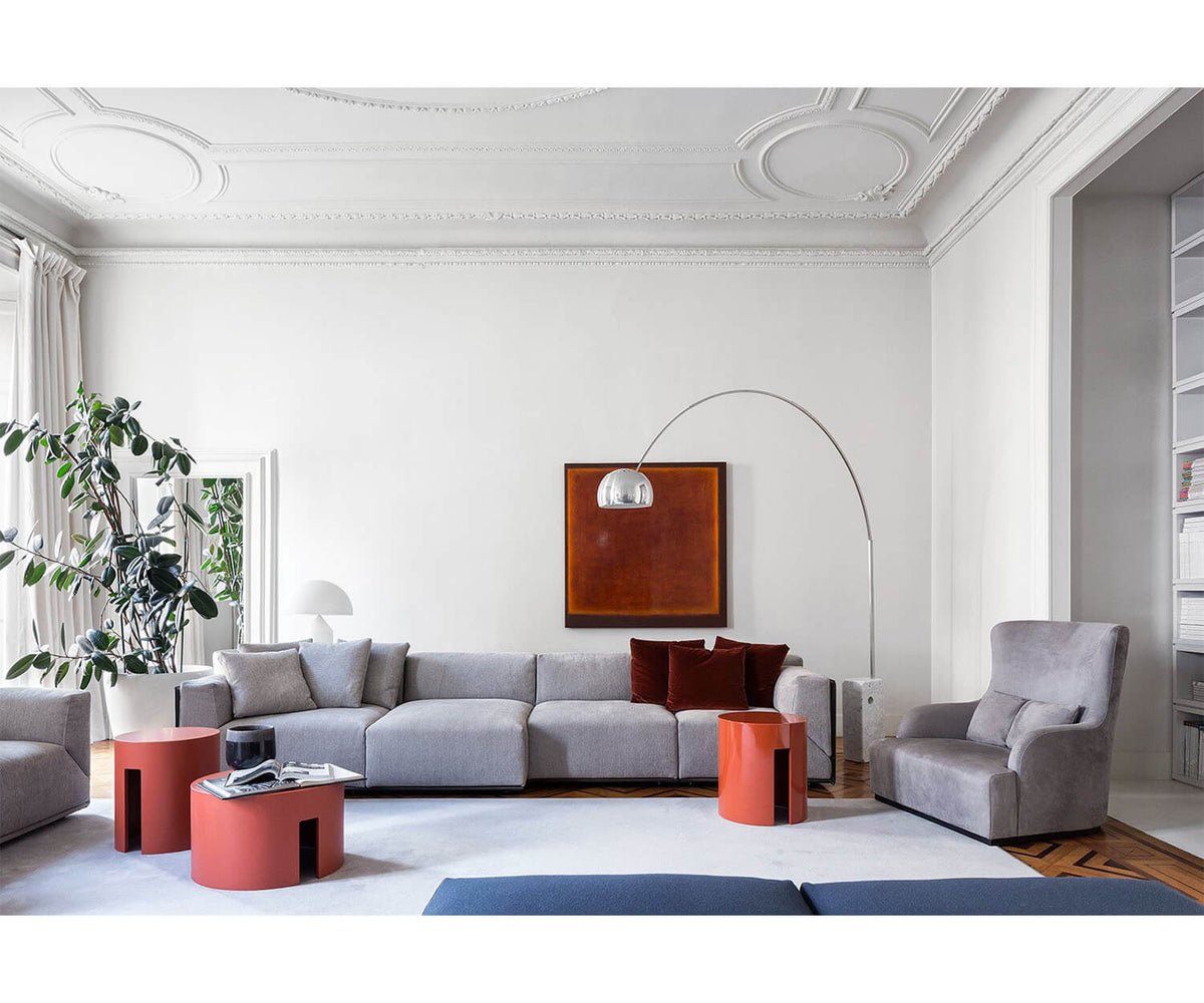 Meridiani Bacon Modular Sofa with Red Velvet and Gray Cushions