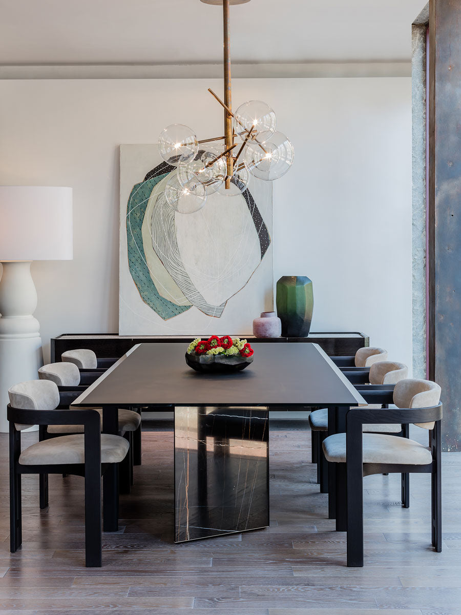 Gallotti&Radice Platinum Dining Table, Bolle Hanging Lamp and 0414 dining chair in Casa Design Boston Showroom
