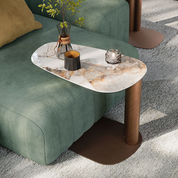 Amalfi C-Table with sculptural steel base, curved metal column and organic ceramic top by Cattelan Italia | Casa Design Group
