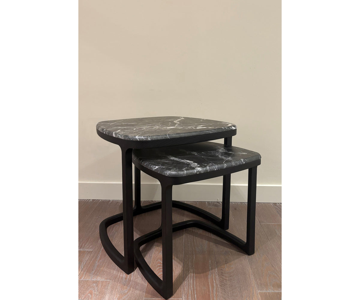 Antigone Side Tables floor sample with Grey Carnico marble tops and wenge-stained ash wood bases – Casa Design Group  