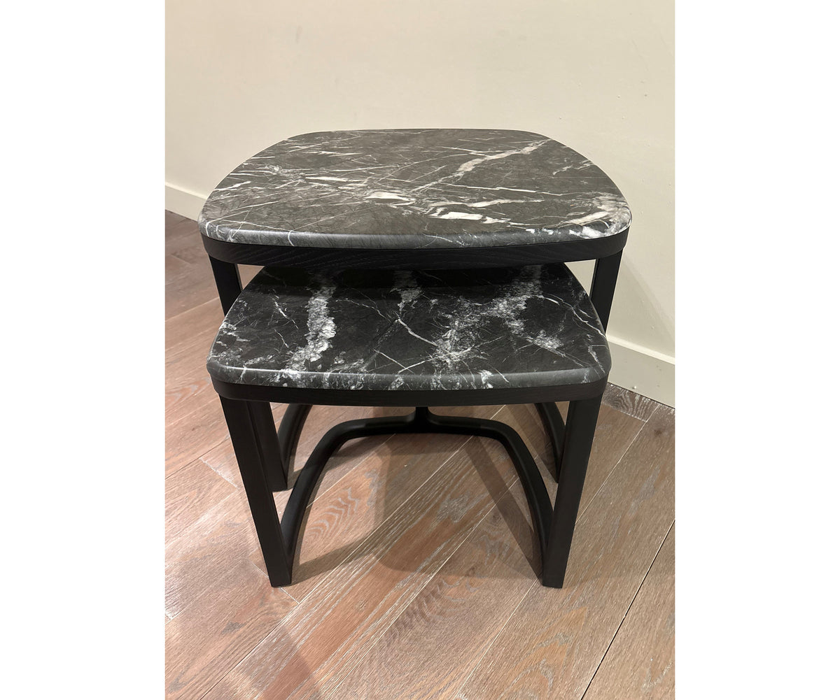 Antigone Side Tables floor sample with Grey Carnico marble tops and wenge-stained ash wood bases – Casa Design Group  