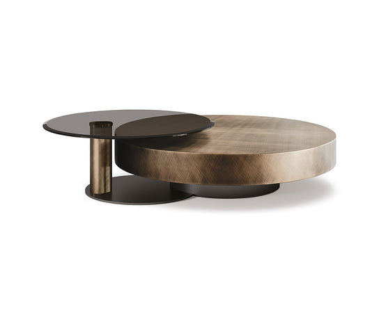Arena Coffee Table by Cattelan Italia with a hand-brushed wood top and rotating glass extensions.
