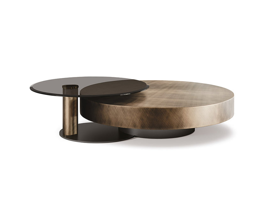 Arena Coffee Table by Cattelan Italia with a hand-brushed wood top and rotating glass extensions.