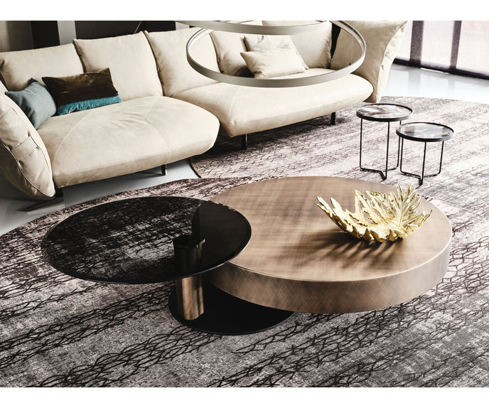 Arena Coffee Table by Cattelan Italia with a hand-brushed wood top and rotating glass extensions.