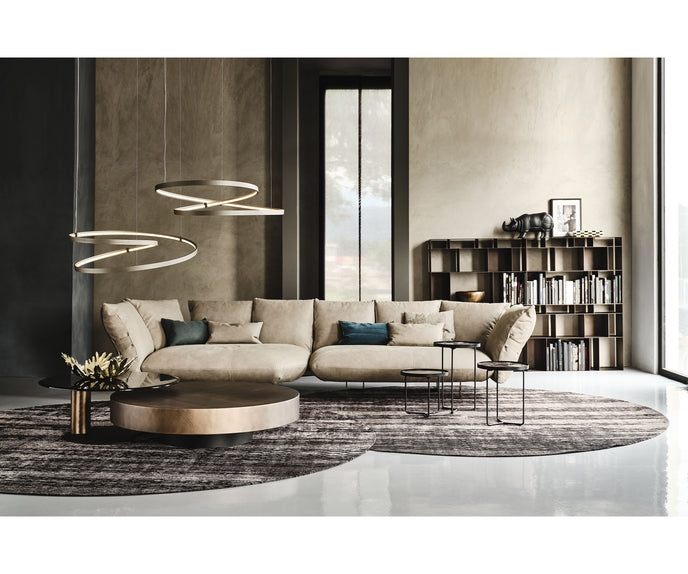 Arena Coffee Table by Cattelan Italia with a hand-brushed wood top and rotating glass extensions.