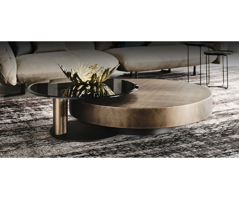Arena Coffee Table by Cattelan Italia with a hand-brushed wood top and rotating glass extensions.