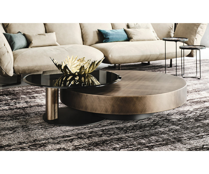 Arena Coffee Table by Cattelan Italia with a hand-brushed wood top and rotating glass extensions.