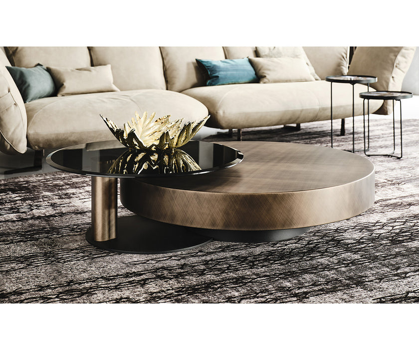 Arena Coffee Table by Cattelan Italia with a hand-brushed wood top and rotating glass extensions.