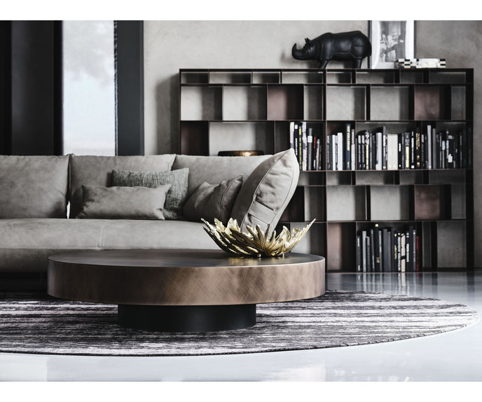Arena Coffee Table by Cattelan Italia with a hand-brushed wood top and rotating glass extensions.