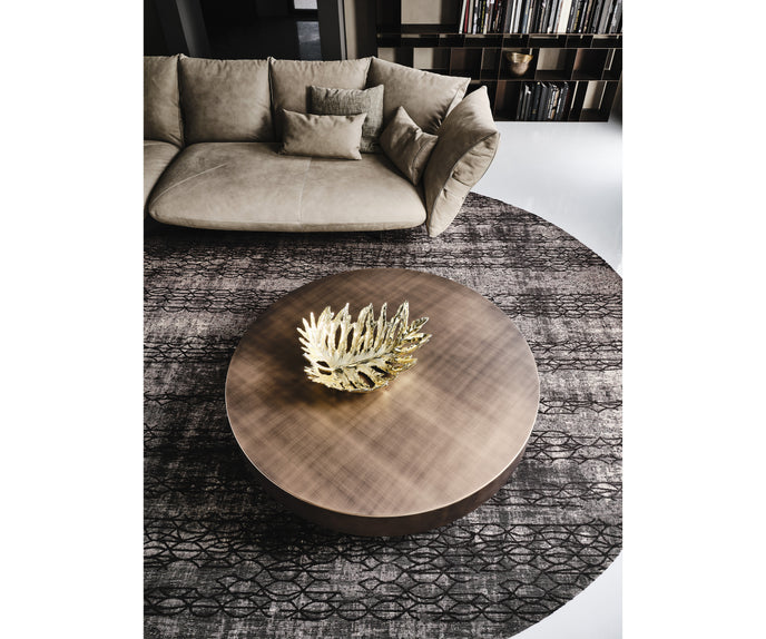 Arena Coffee Table by Cattelan Italia with a hand-brushed wood top and rotating glass extensions.