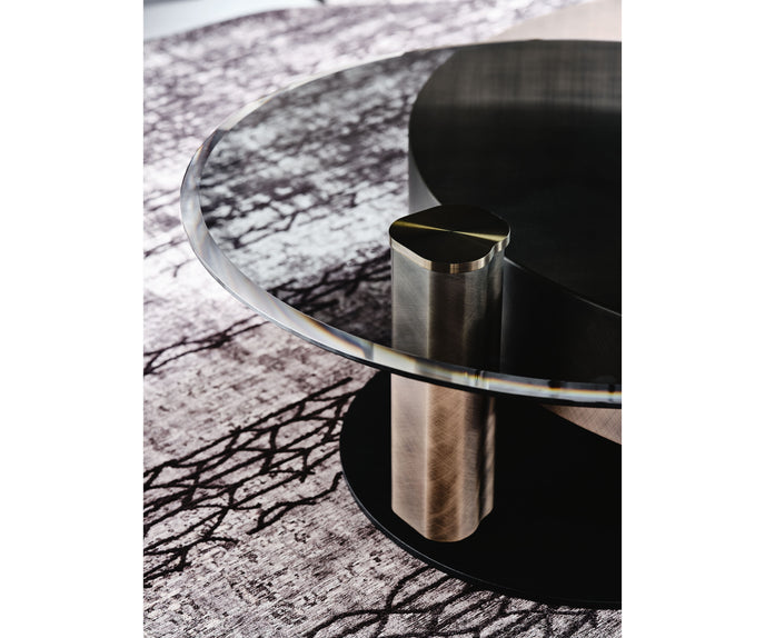 Arena Coffee Table by Cattelan Italia with a hand-brushed wood top and rotating glass extensions.