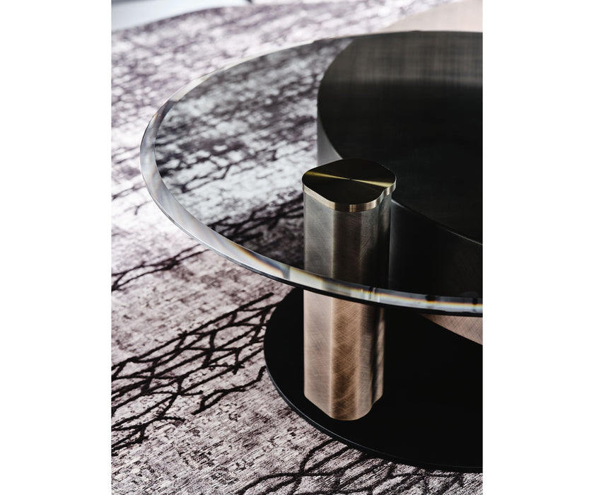 Arena Coffee Table by Cattelan Italia with a hand-brushed wood top and rotating glass extensions.