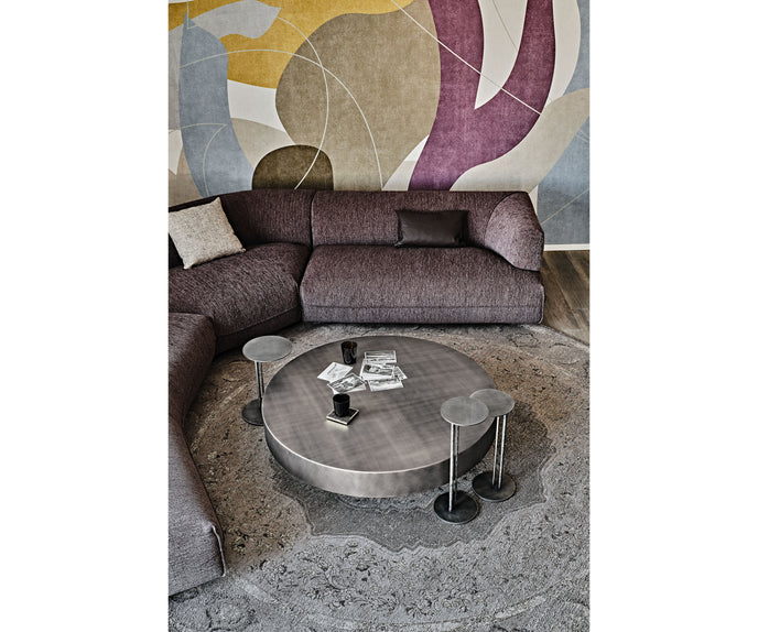 Arena Coffee Table by Cattelan Italia with a hand-brushed wood top and rotating glass extensions.