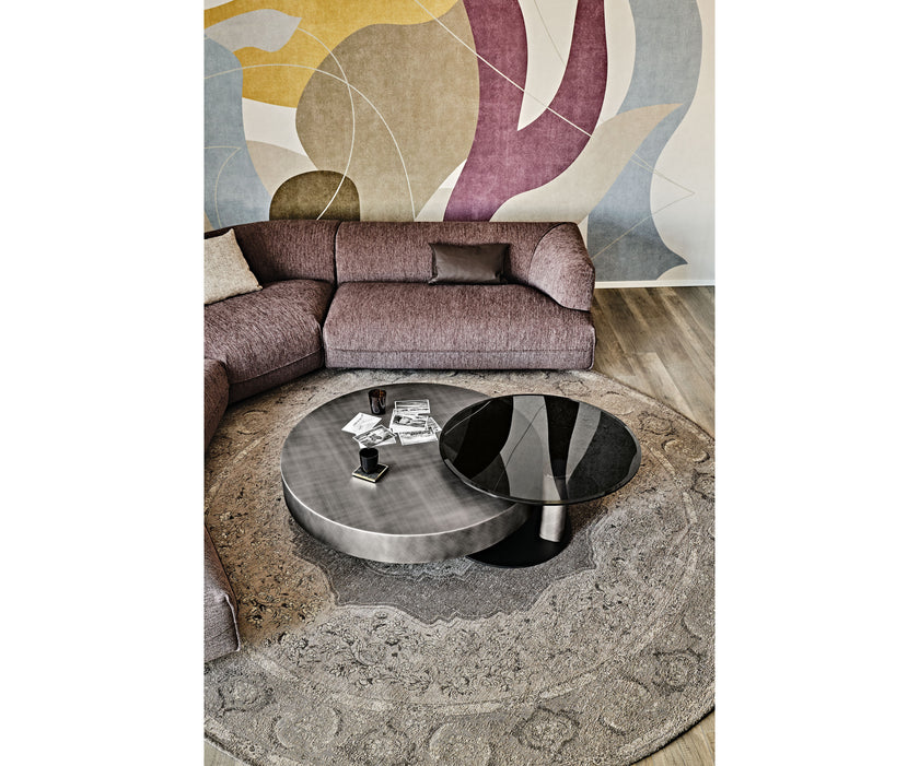 Arena Coffee Table by Cattelan Italia with a hand-brushed wood top and rotating glass extensions.