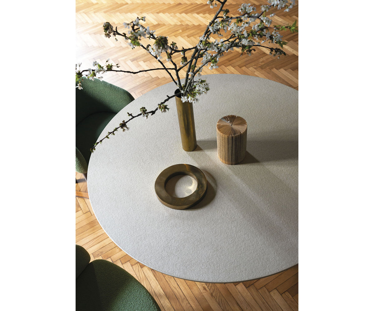 Aretha 3400 table by Bross with central column base in stone or ashwood and ceramic or wood top Casa Design Group