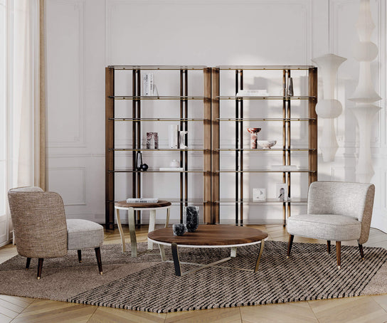 Aristo XL .24 Coffee Table by Capital with a round solid wood top and metallic base.