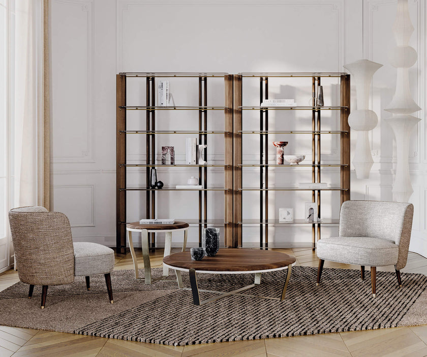 Aristo XL .24 Coffee Table by Capital with a round solid wood top and metallic base.