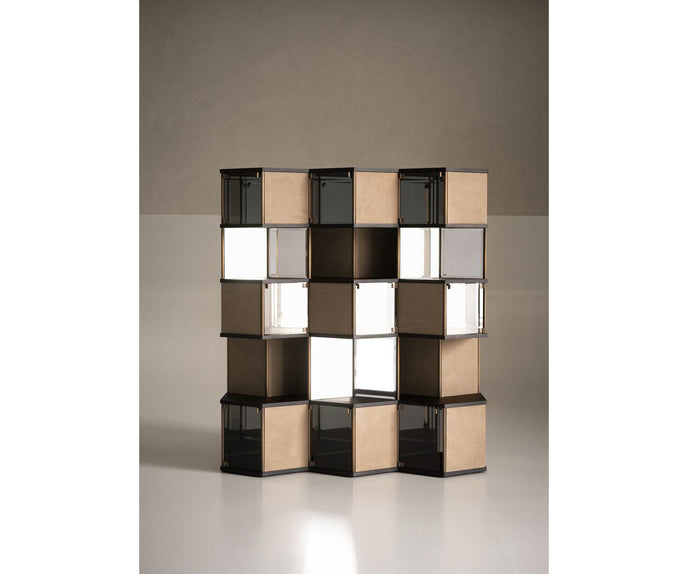 Hive Luxury Leather Bookcase with Smoked Mirrored Glass Shelves by Baxter