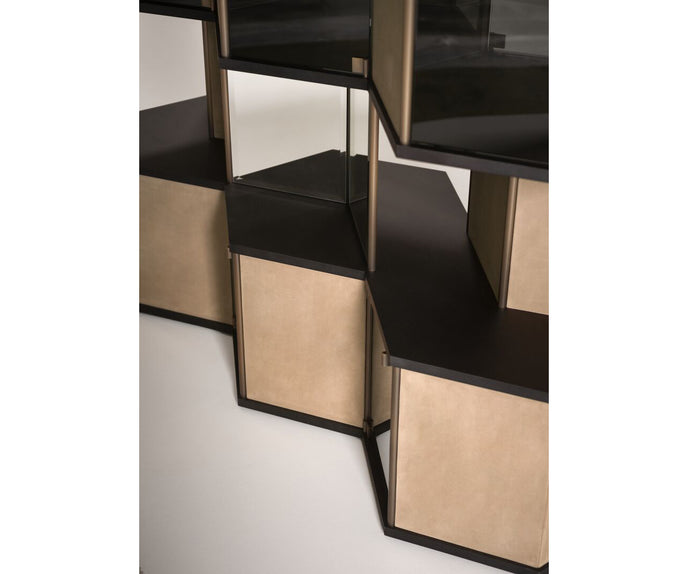 Hive Luxury Leather Bookcase with Smoked Mirrored Glass Shelves by Baxter