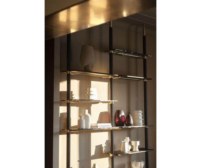 Lloyd Modular Bookcase by Baxter with Brushed Oak Structure and Leather Storage Units | Casa Design Group