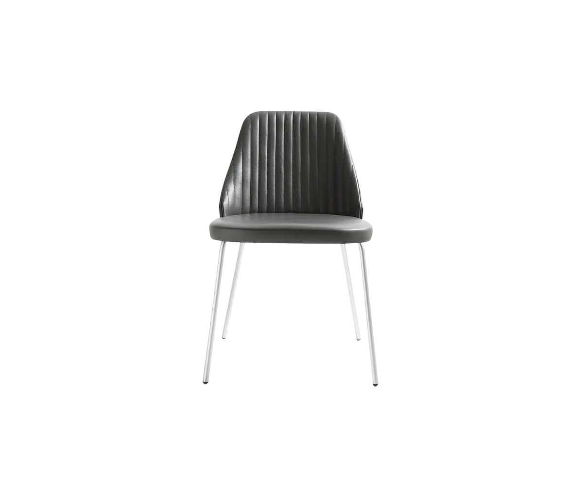 Break 1640 dining chair by Bross with quilted upholstery and satin chromed metal base Casa Design Group