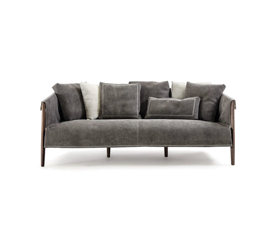 Burton Sofa by Frigerio featuring a solid ashwood frame, angled legs, and a sophisticated leather and fabric upholstery combination | Casa Design Group