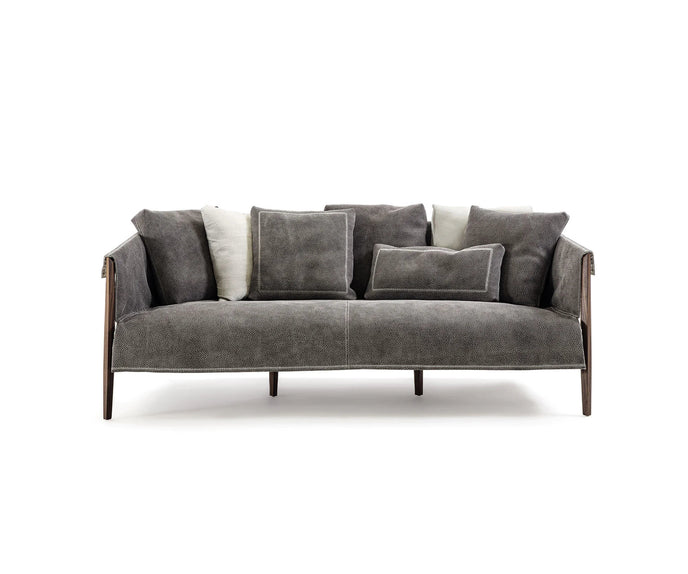 Burton Sofa by Frigerio featuring a solid ashwood frame, angled legs, and a sophisticated leather and fabric upholstery combination | Casa Design Group