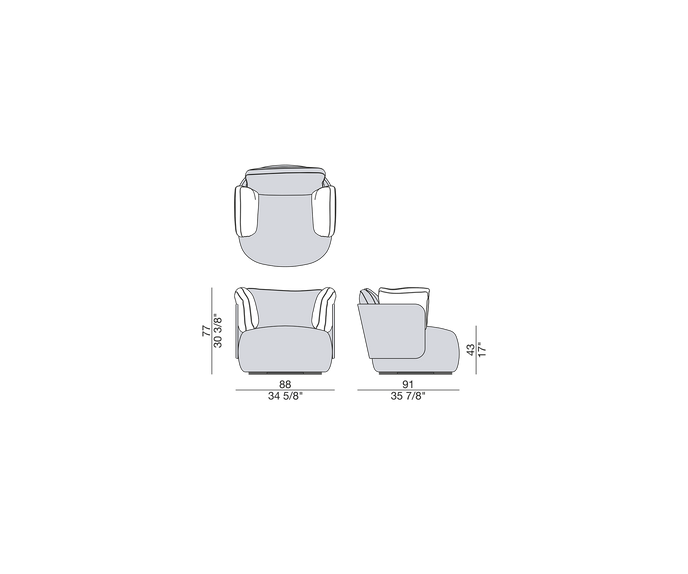 Calin Swivel Armchair by Porada with Canaletta walnut frame and upholstered seat | Casa Design Group