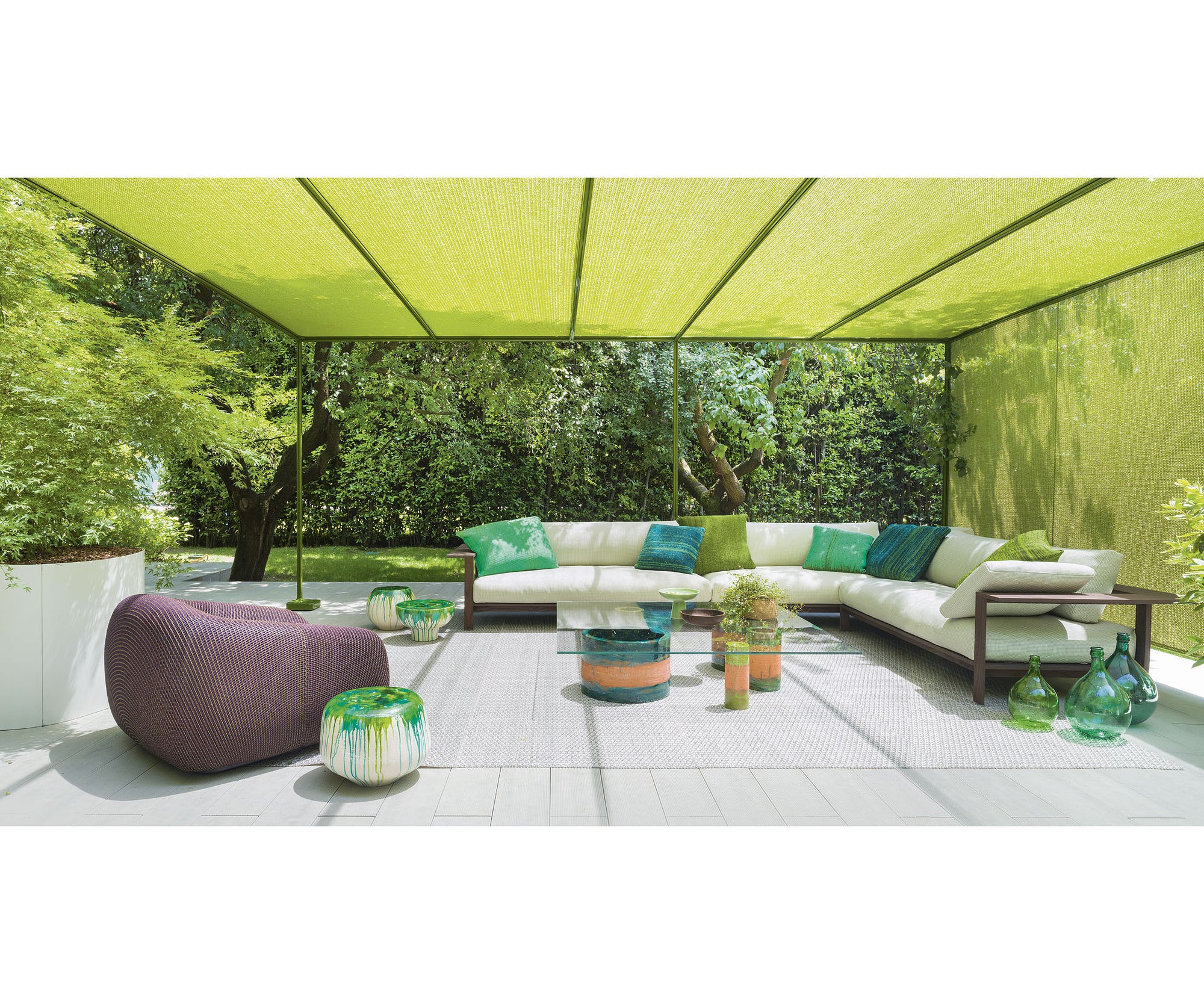 Cerchi Outdoor Square Coffee Table By Paola Lenti, Showcasing Unique Majolica Craftsmanship And Glass Top | Casa Design Group