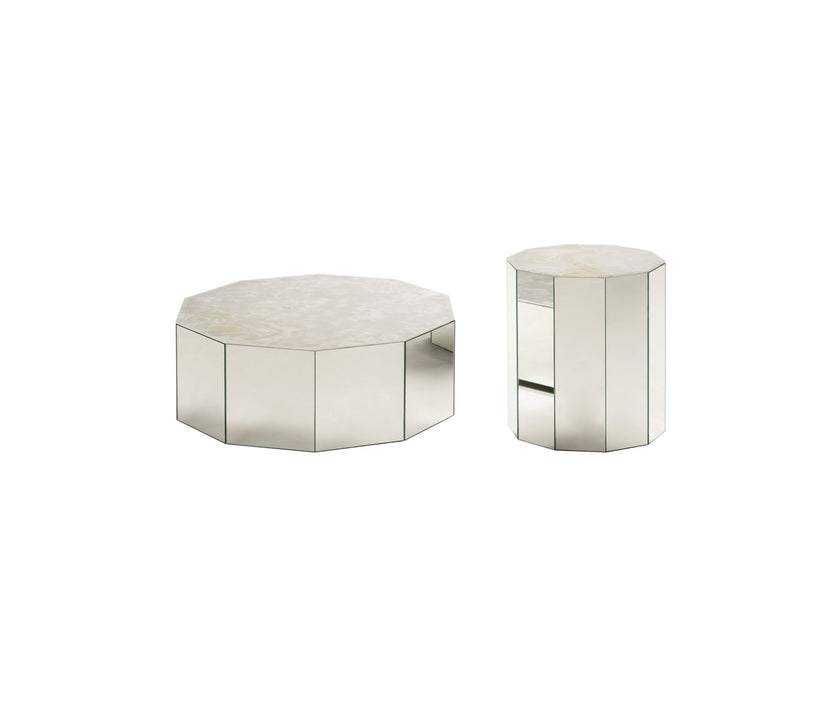 Colonna Coffee Table by Tacchini with a mirrored glass exterior and marble top.