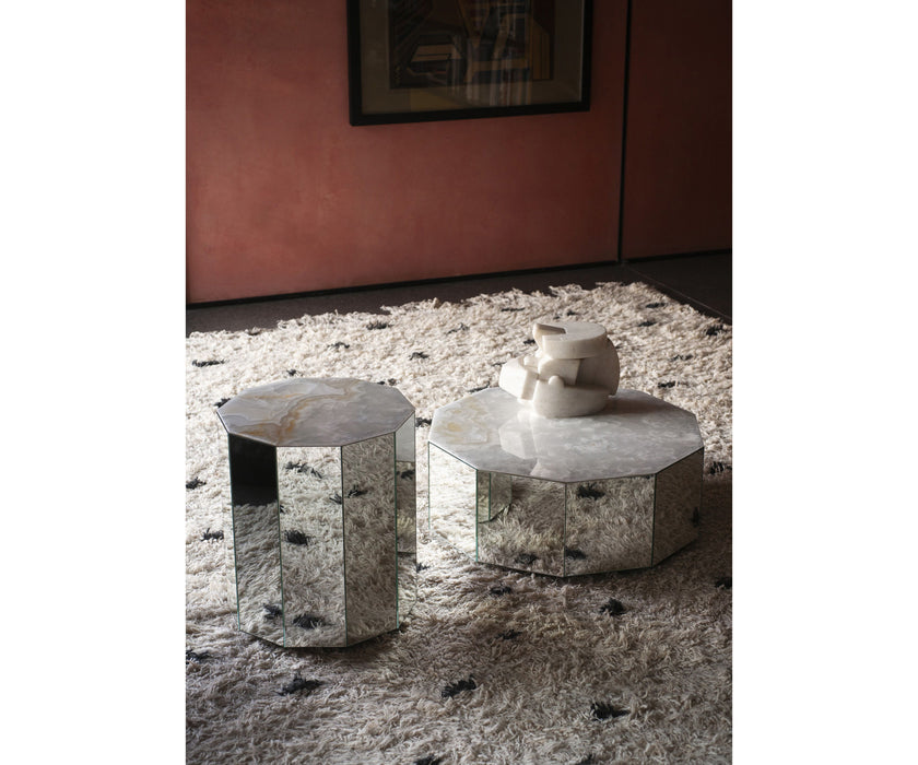 Colonna Coffee Table by Tacchini with a mirrored glass exterior and marble top.