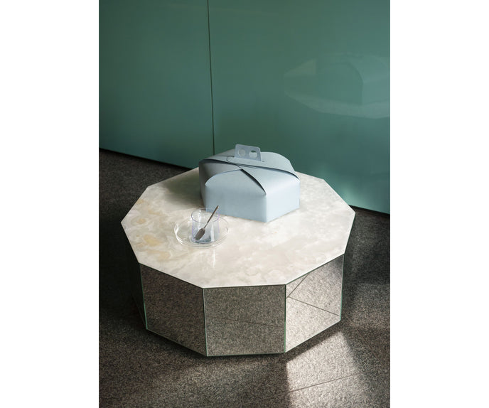 Colonna Coffee Table by Tacchini with a mirrored glass exterior and marble top.