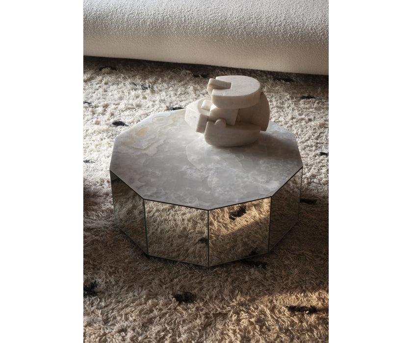 Colonna Coffee Table by Tacchini with a mirrored glass exterior and marble top.