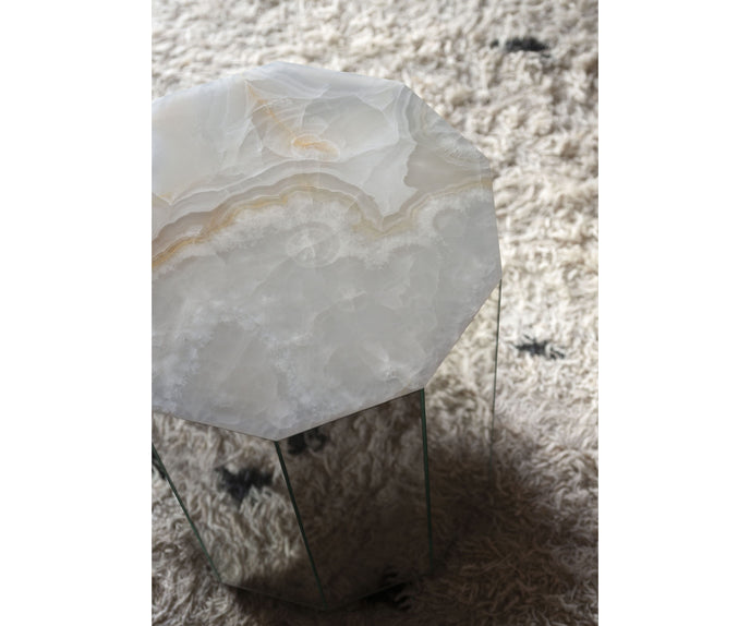 Colonna Coffee Table by Tacchini with a mirrored glass exterior and marble top.