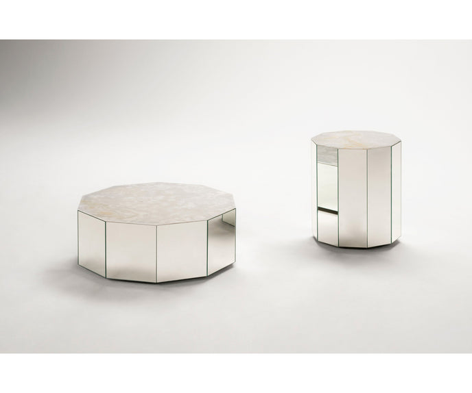 Colonna Coffee Table by Tacchini with a mirrored glass exterior and marble top.