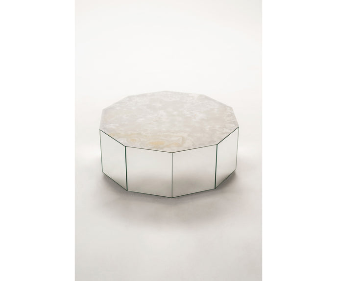 Colonna Coffee Table by Tacchini with a mirrored glass exterior and marble top.