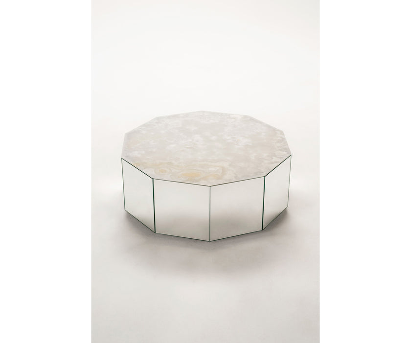 Colonna Coffee Table by Tacchini with a mirrored glass exterior and marble top.