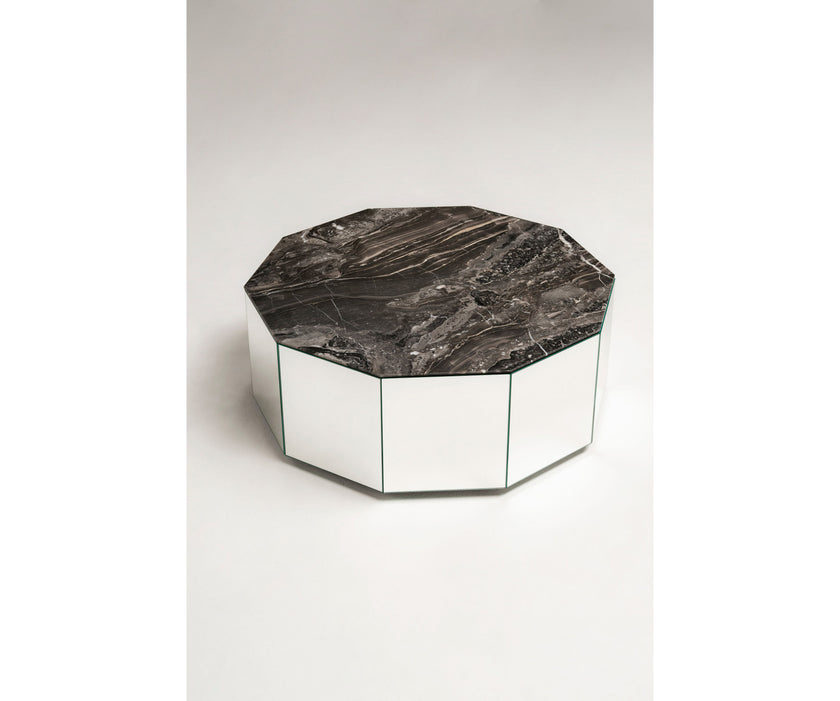 Colonna Coffee Table by Tacchini with a mirrored glass exterior and marble top.