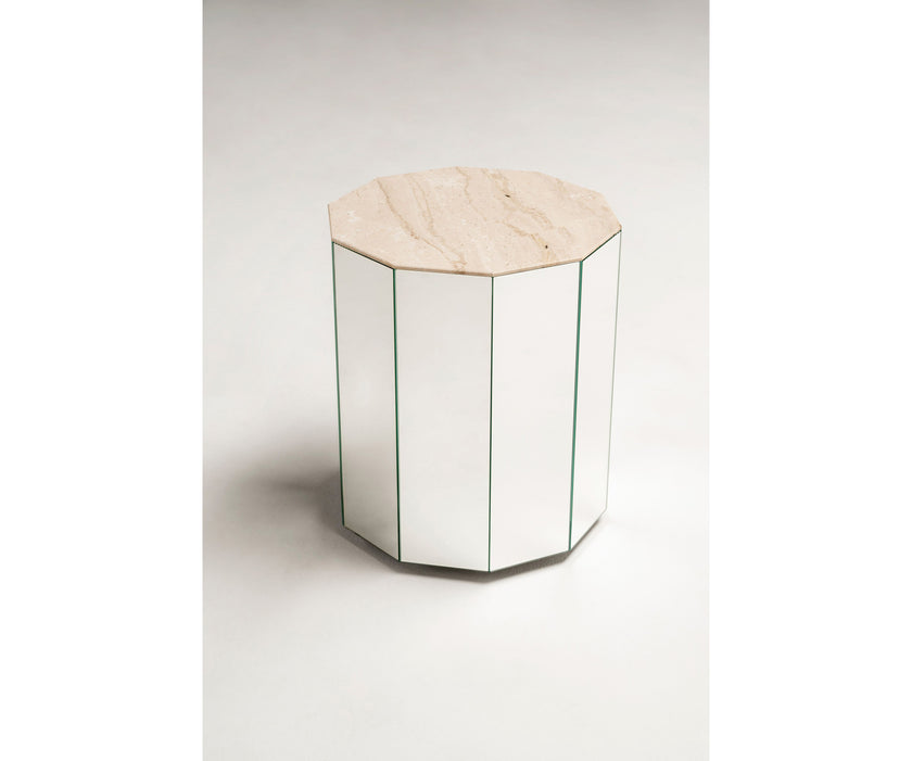 Colonna Coffee Table by Tacchini with a mirrored glass exterior and marble top.