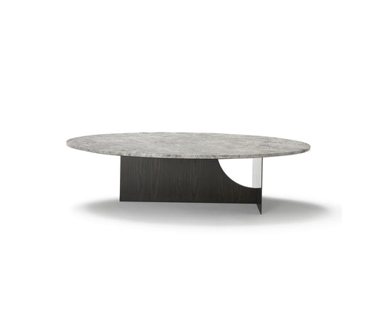 Coro Coffee Table by Alexandra with an oval marble top, metal frame, and ash wood base.
