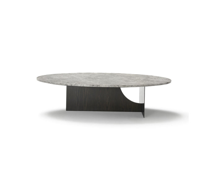 Coro Coffee Table by Alexandra with an oval marble top, metal frame, and ash wood base.