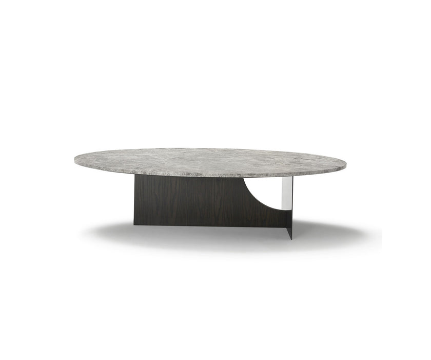 Coro Coffee Table by Alexandra with an oval marble top, metal frame, and ash wood base.
