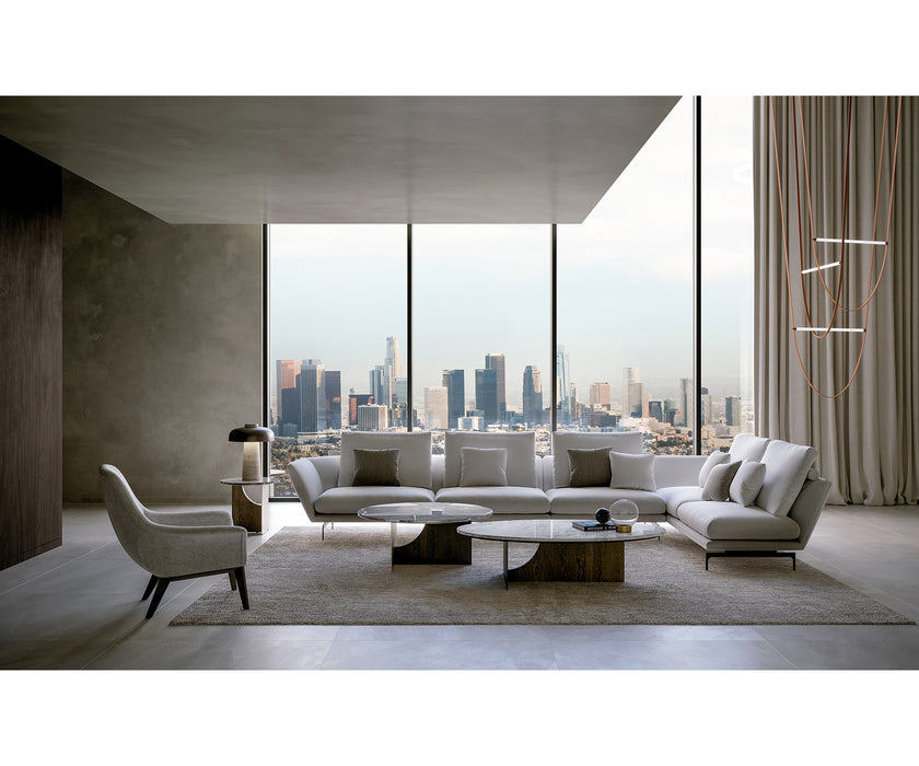 Coro Coffee Table by Alexandra with an oval marble top, metal frame, and ash wood base.
