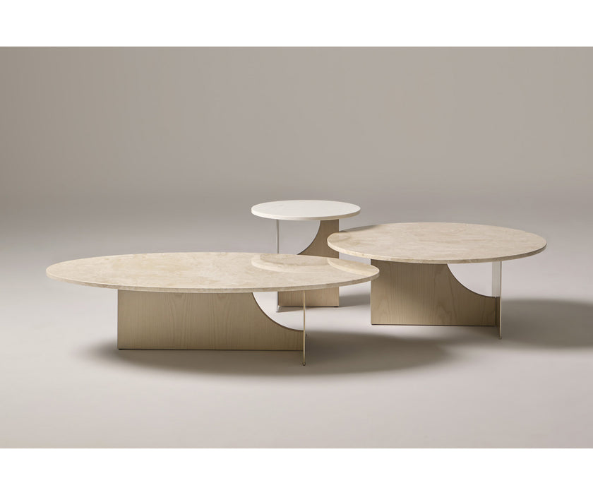 Coro Coffee Table by Alexandra with an oval marble top, metal frame, and ash wood base.