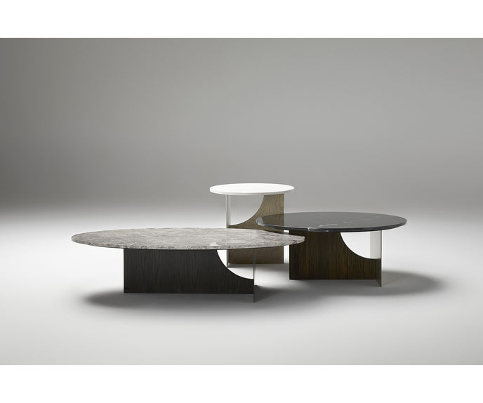 Coro Coffee Table by Alexandra with an oval marble top, metal frame, and ash wood base.
