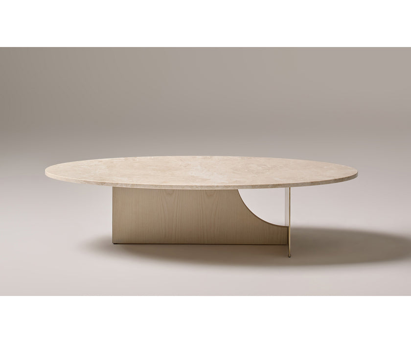 Coro Coffee Table by Alexandra with an oval marble top, metal frame, and ash wood base.