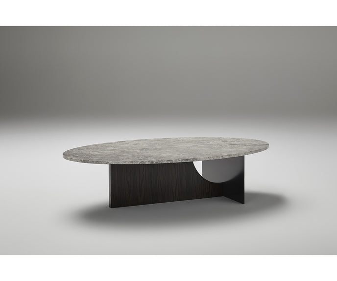 Coro Coffee Table by Alexandra with an oval marble top, metal frame, and ash wood base.
