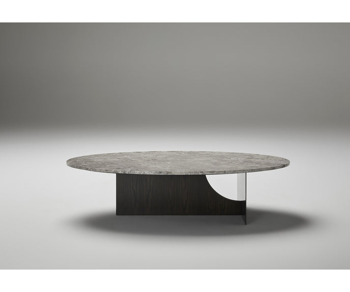 Coro Coffee Table by Alexandra with an oval marble top, metal frame, and ash wood base.
