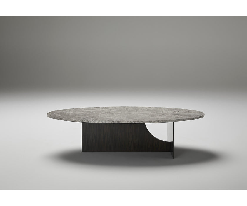 Coro Coffee Table by Alexandra with an oval marble top, metal frame, and ash wood base.