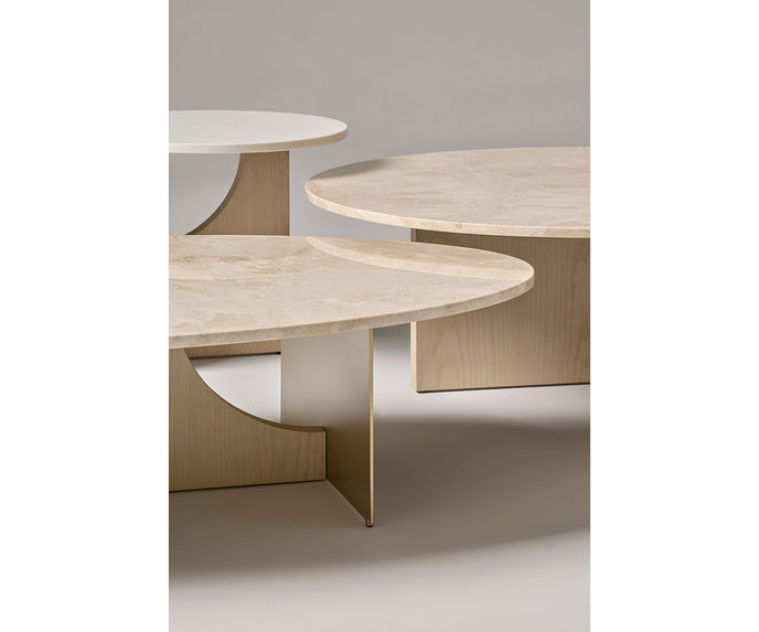 Coro Coffee Table by Alexandra with an oval marble top, metal frame, and ash wood base.
